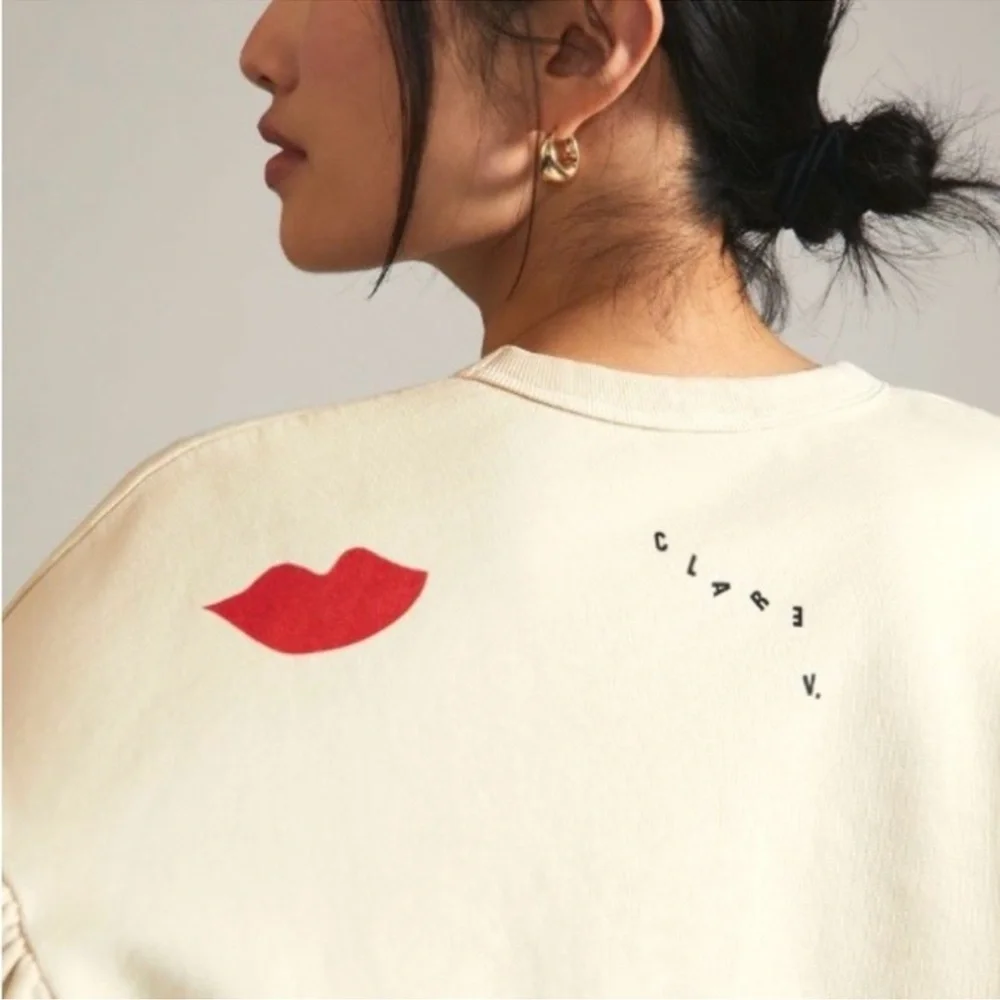 Clare V. Cream Drop Shoulder Lips Sweatshirt Size Small - Picture 3 of 7